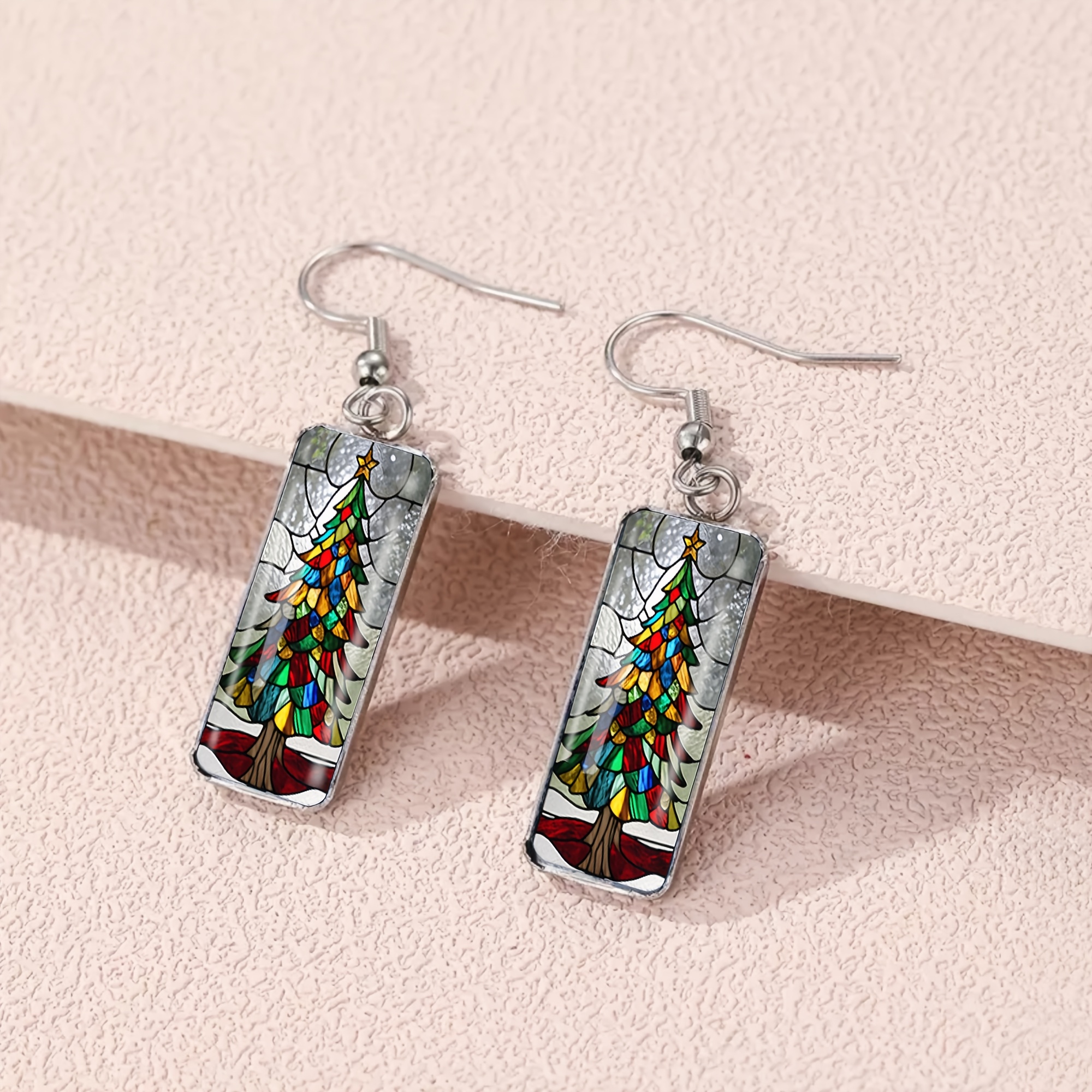 Colorful Christmas Tree Pattern Long Hoop Earrings